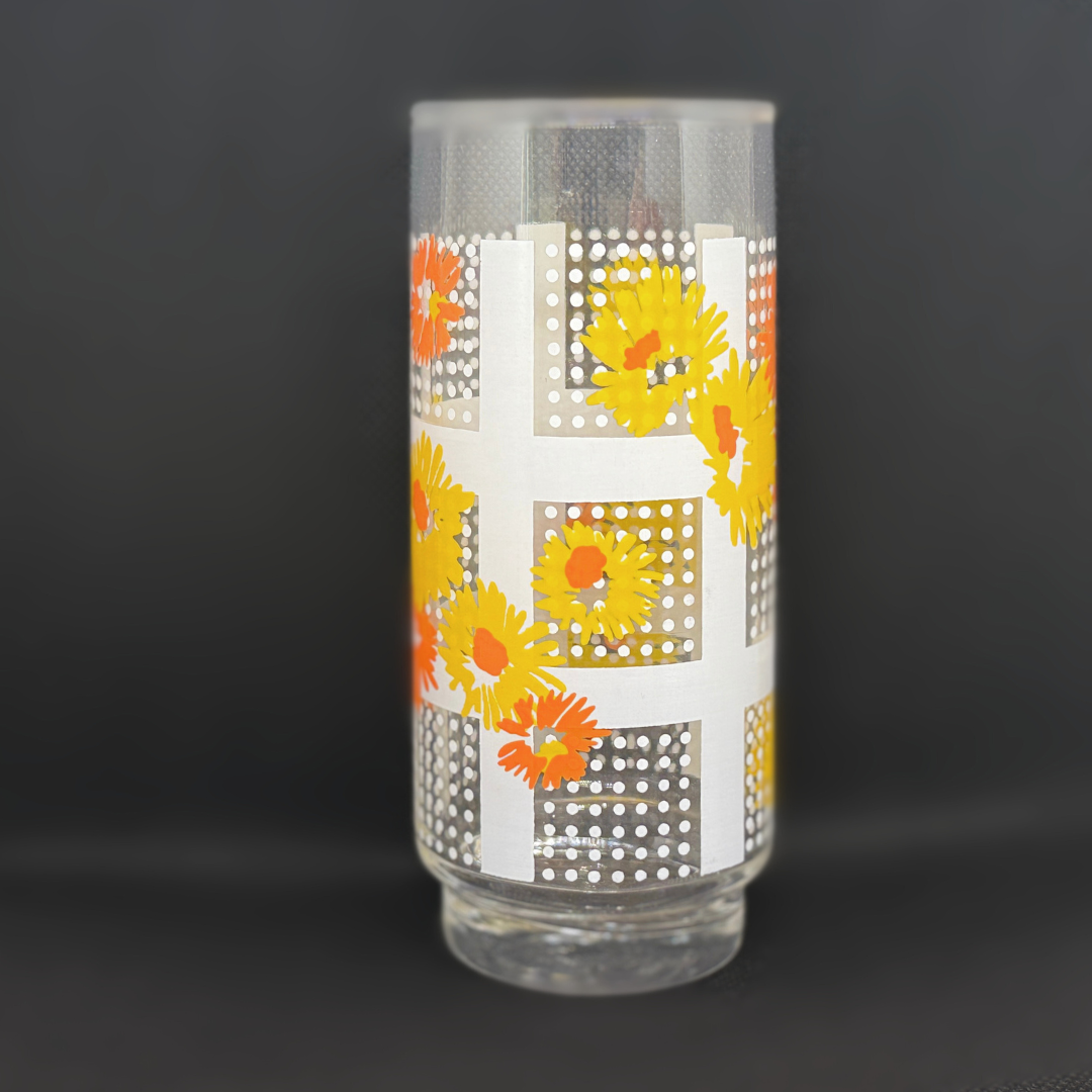 昭和時代 - 黃橙小花加白色圖案背景 高身玻璃杯