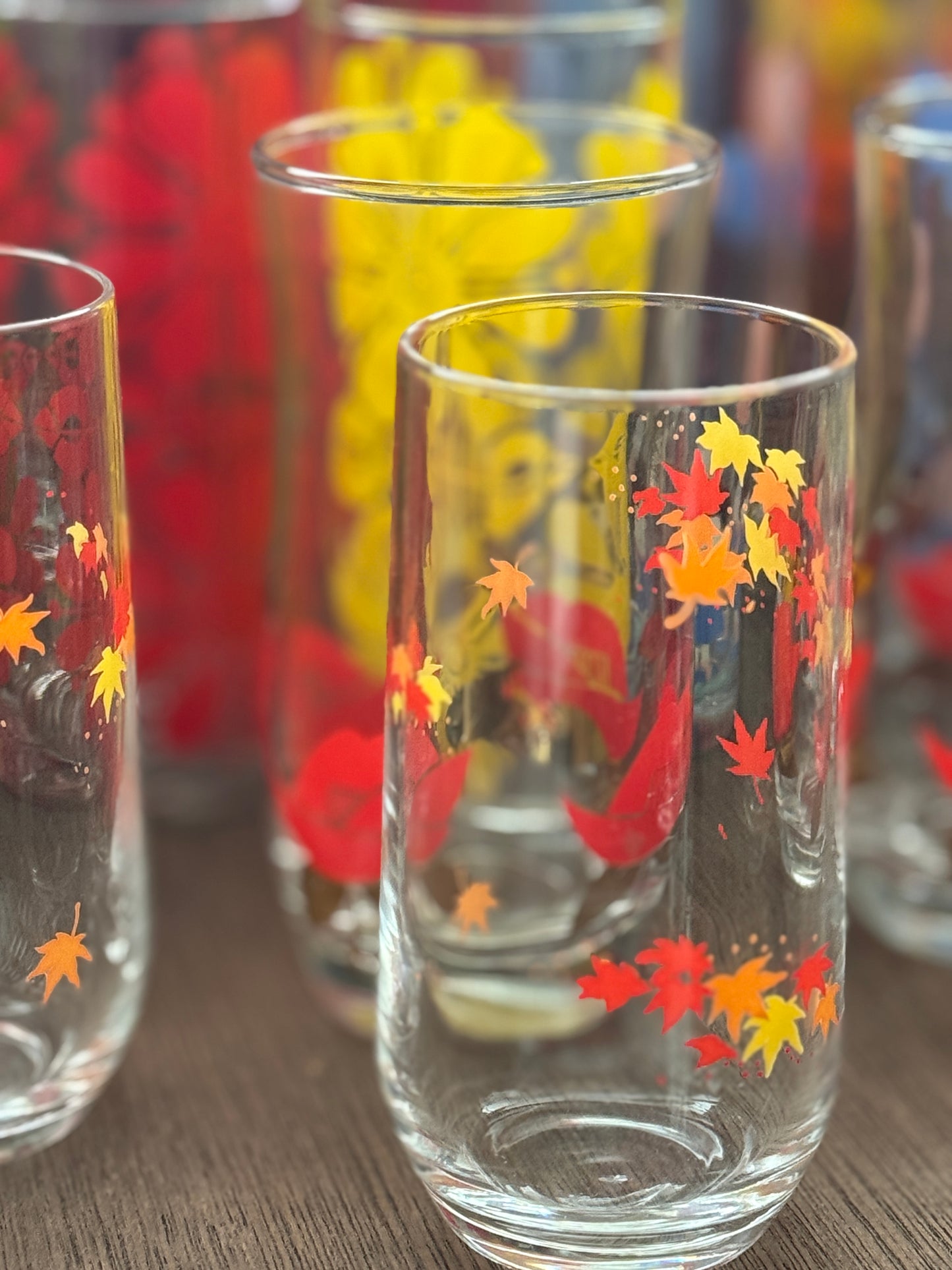 昭和時代 - 復古風格杯子 紅黃橙楓葉圖案 中高玻璃杯