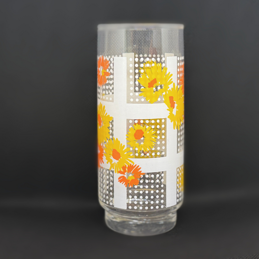 昭和時代 - 黃橙小花加白色圖案背景 高身玻璃杯