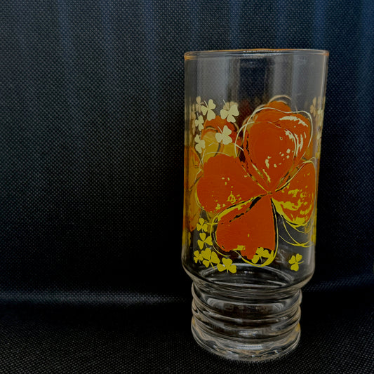 昭和時代 - 黃橙大花圖案 高身玻璃杯 小杯腳