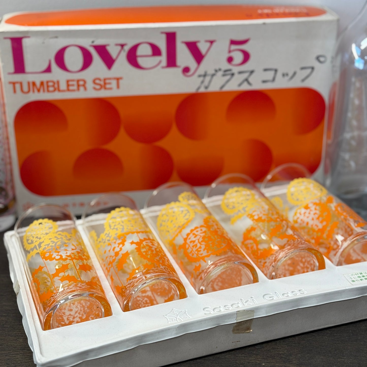 昭和時代 - Lovely佐佐木玻璃 高身玻璃杯 黃橙花 圖案 （1盒5隻）