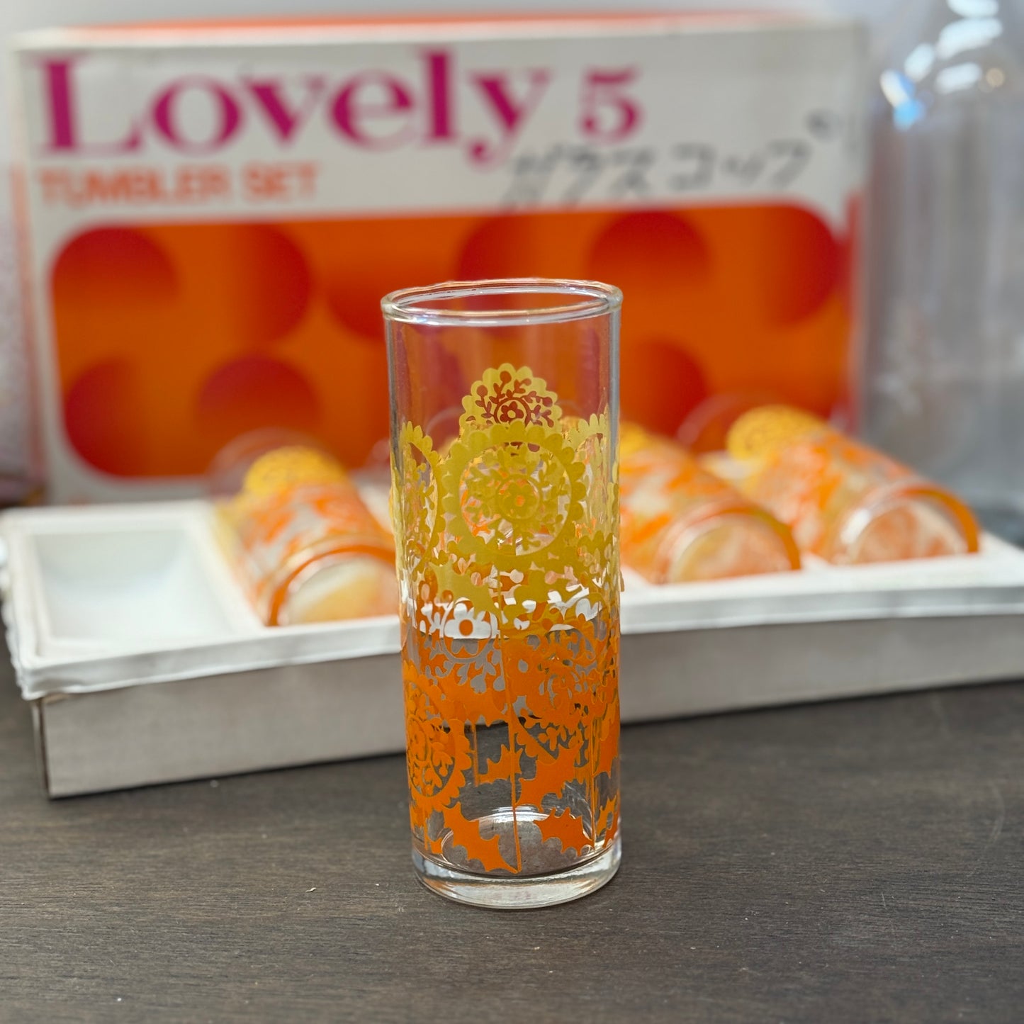 昭和時代 - Lovely佐佐木玻璃 高身玻璃杯 黃橙花 圖案 （1盒5隻）