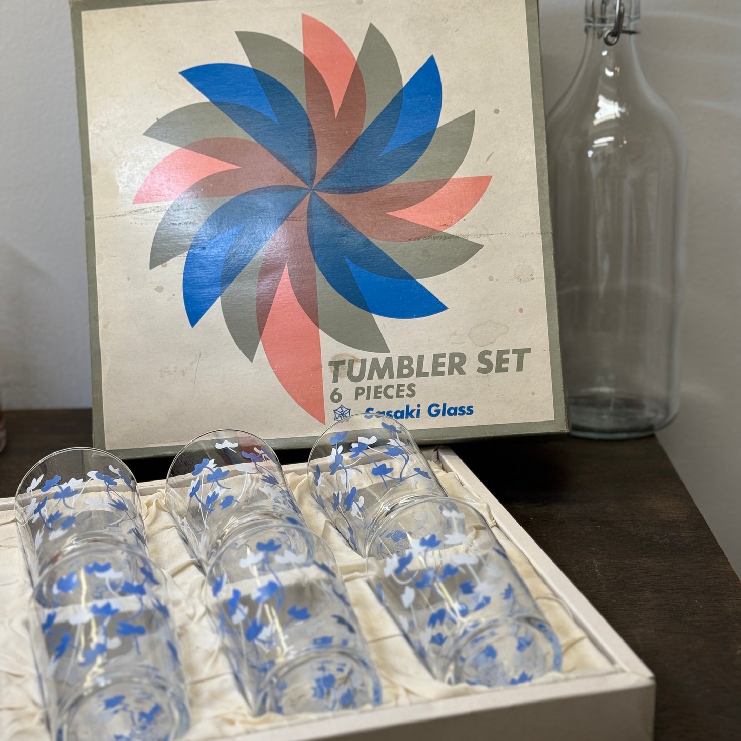 昭和時代 - 佐佐木玻璃 中高玻璃杯 藍白小花 圖案（1盒6隻）