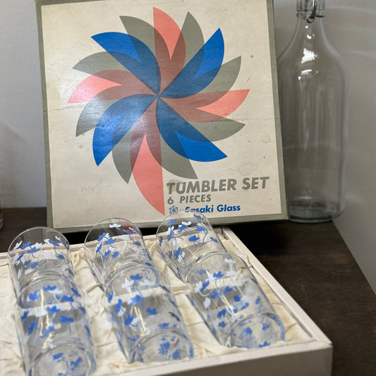 昭和時代 - 佐佐木玻璃 中高玻璃杯 藍白小花 圖案（1盒6隻）