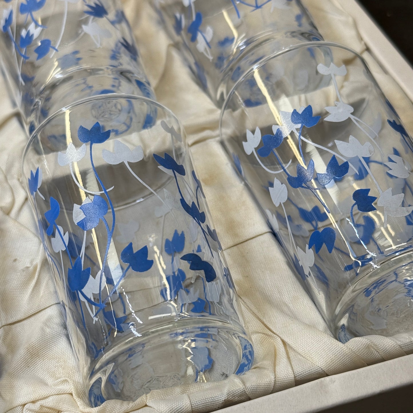 昭和時代 - 佐佐木玻璃 中高玻璃杯 藍白小花 圖案（1盒6隻）