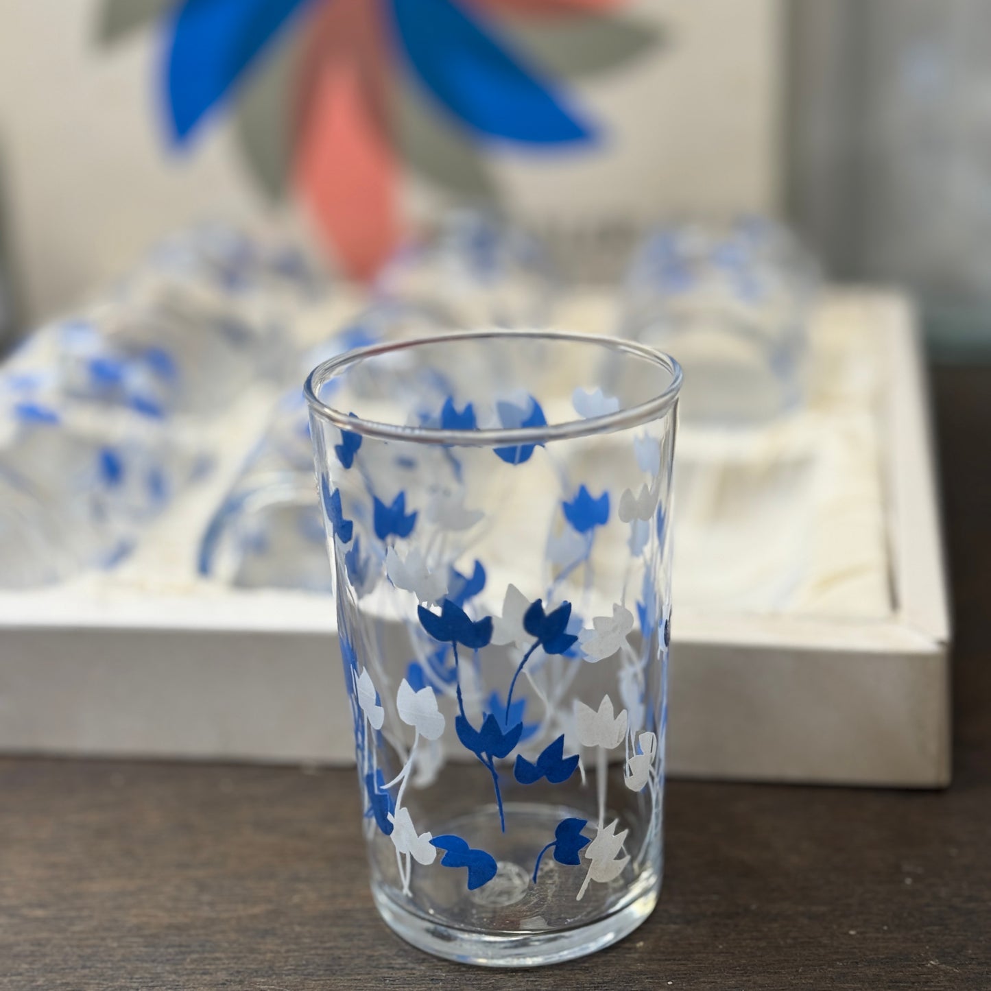 昭和時代 - 佐佐木玻璃 中高玻璃杯 藍白小花 圖案（1盒6隻）